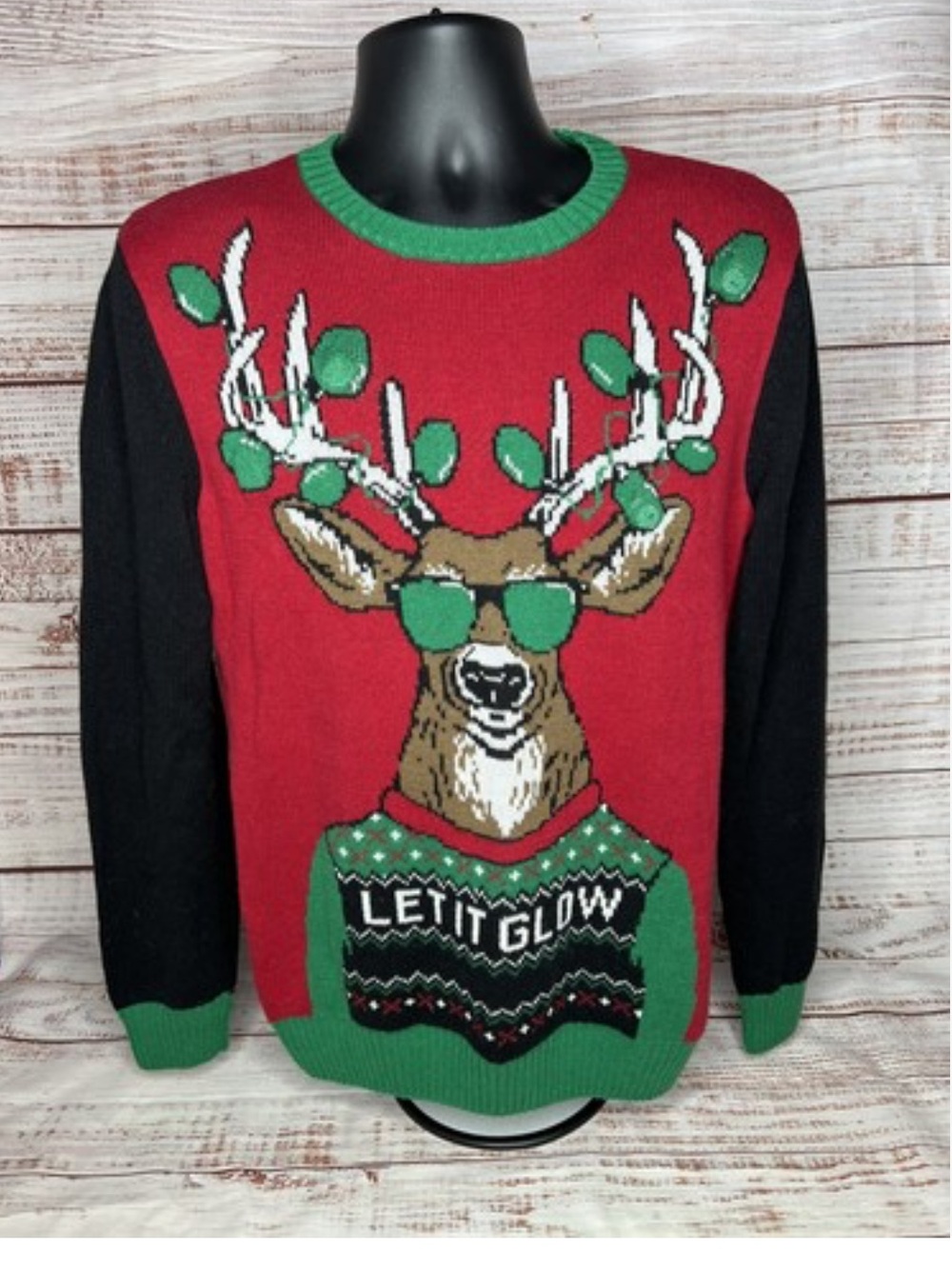 Men's Red & Black 'Let It Glow' Reindeer Holiday Sweater size large